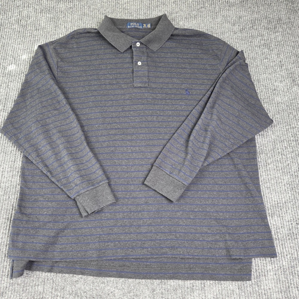 Polo Ralph Lauren Mens Big Tall 2XB Gray Blue‎ Striped Long Sleeve Polo Shirt